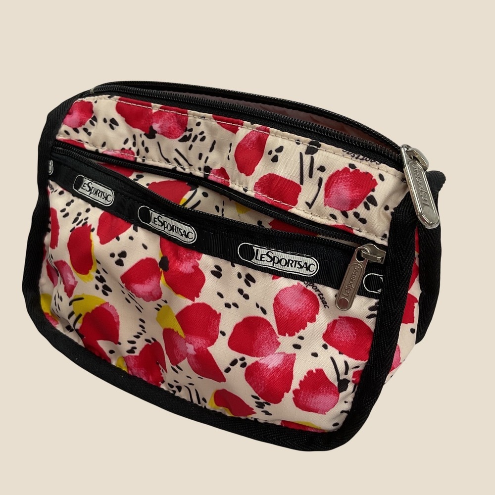 LeSportsac Floral Poppy Print 3-Zip Cosmetic Bag Travel Pouch Red Yellow Cream